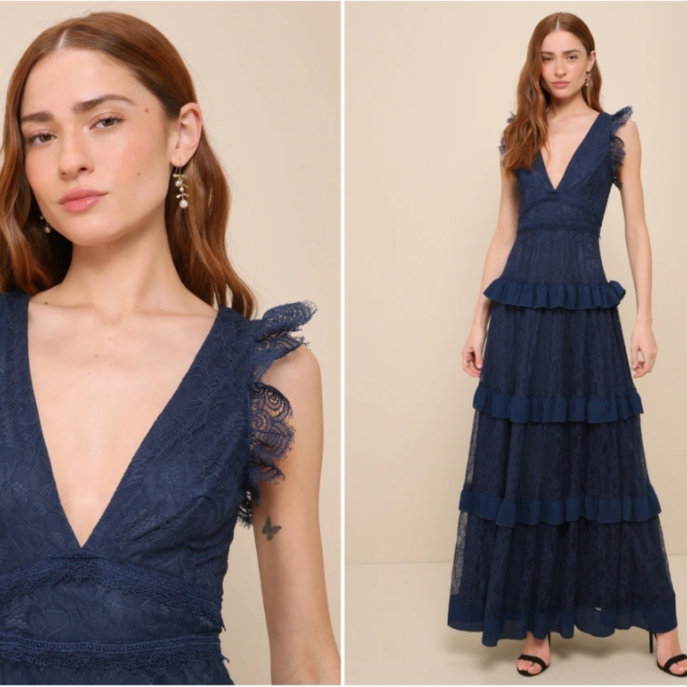LULU's Prom Wedding Bridesmaid Tiered Lace Floral Ruffles Maxi